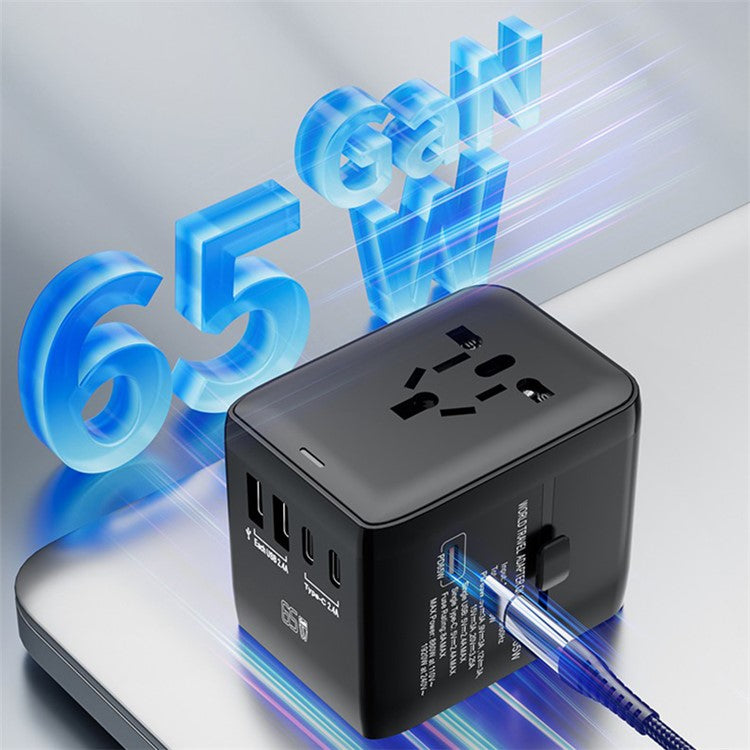 HHT901A Worldwide Travel Charge GaN Adapter Wall Plug PD 65W Fast Charging Plug Converter - Black