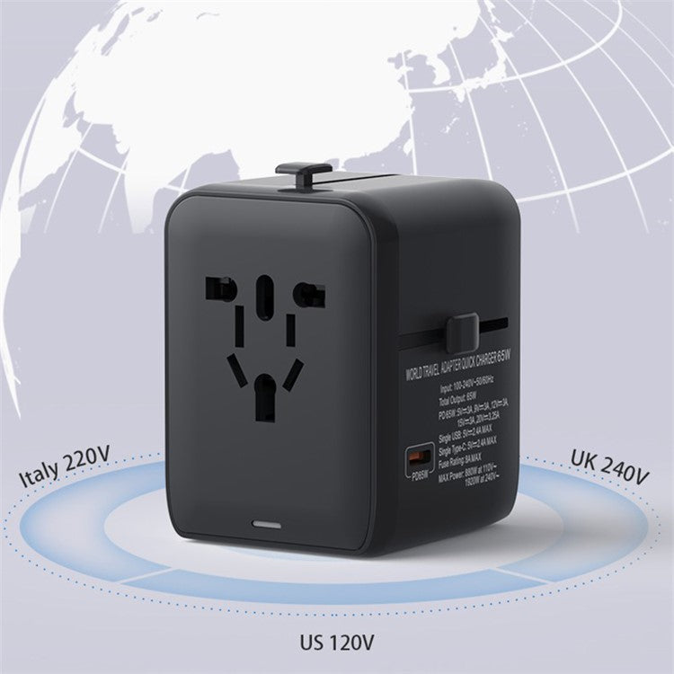 HHT901A Worldwide Travel Charge GaN Adapter Wall Plug PD 65W Fast Charging Plug Converter - Black