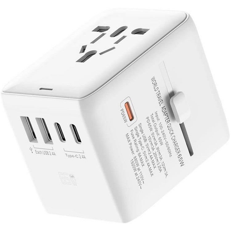 HHT901A Worldwide Travel Charge GaN Adapter Wall Plug PD 65W Fast Charging Plug Converter - White