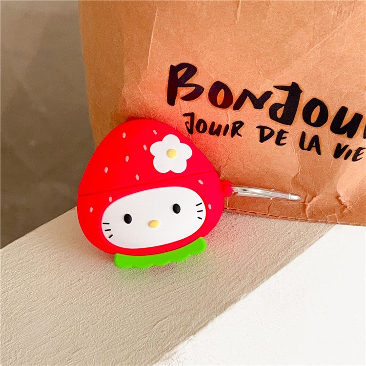 For Apple AirPods 3 Cute Strawberry Cat Silicone Case Bluetooth Earphone Cover with Anti-Lost Buckle