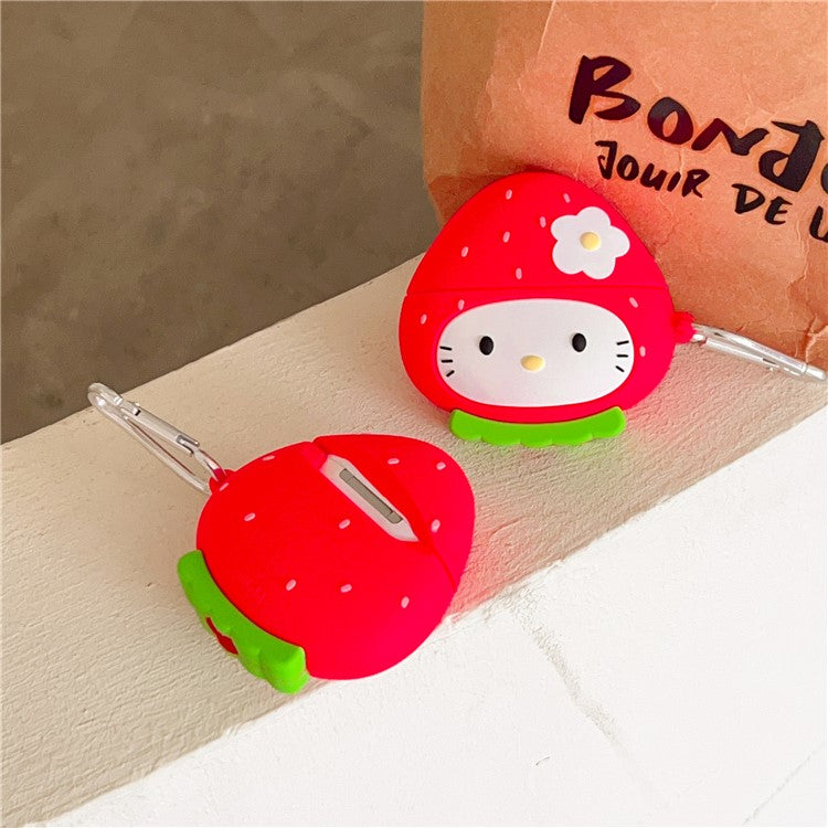 For Apple AirPods 3 Cute Strawberry Cat Silicone Case Bluetooth Earphone Cover with Anti-Lost Buckle