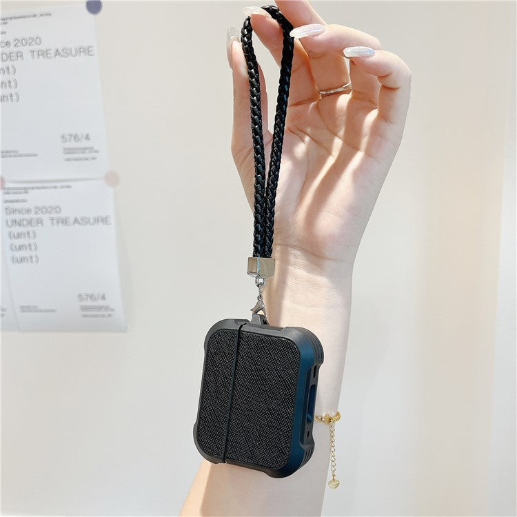 For AirPods Pro 2 / AirPods Pro Bluetooth Earphone Cover Leather Texture TPU Anti-Drop Case with Wrist Strap - Black