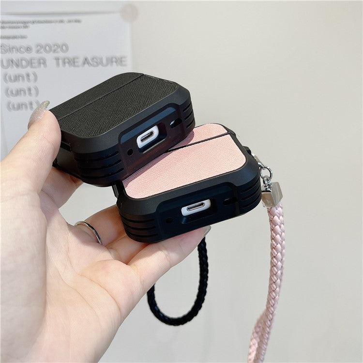 For AirPods Pro 2 / AirPods Pro Bluetooth Earphone Cover Leather Texture TPU Anti-Drop Case with Wrist Strap - Black