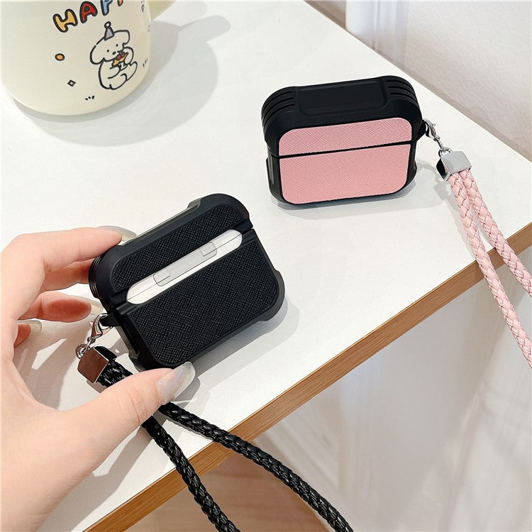 For AirPods Pro 2 / AirPods Pro Bluetooth Earphone Cover Leather Texture TPU Anti-Drop Case with Wrist Strap - Black