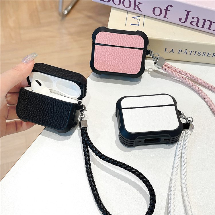 For AirPods Pro 2 / AirPods Pro Bluetooth Earphone Cover Leather Texture TPU Anti-Drop Case with Wrist Strap - Black