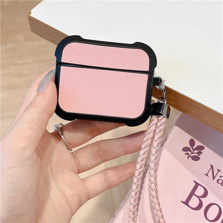 For AirPods Pro 2 / AirPods Pro Bluetooth Earphone Cover Leather Texture TPU Anti-Drop Case with Wrist Strap - Pink