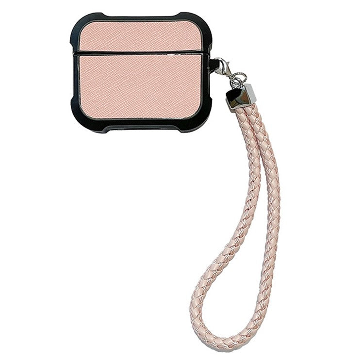 For Apple AirPods 3 Bluetooth Earphone Cover Leather Texture TPU Anti-Drop Case with Wrist Strap - Pink