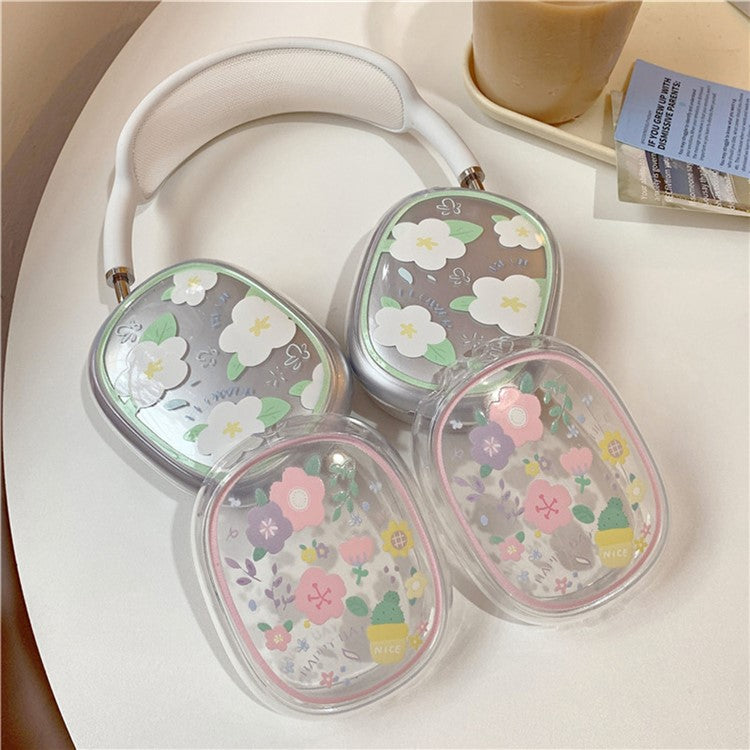 1Pair Protective Case for AirPods Max 2024 (USB-C) / Max Headphone Drop-Resistance TPU Sleeve - Pink / Purple Flower