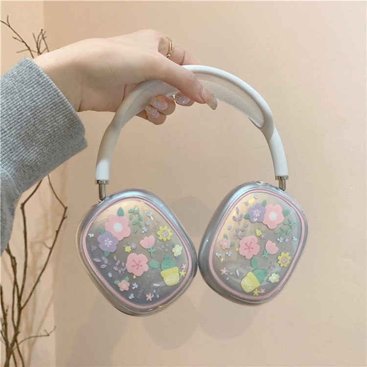 1Pair Protective Case for AirPods Max 2024 (USB-C) / Max Headphone Drop-Resistance TPU Sleeve - Pink / Purple Flower