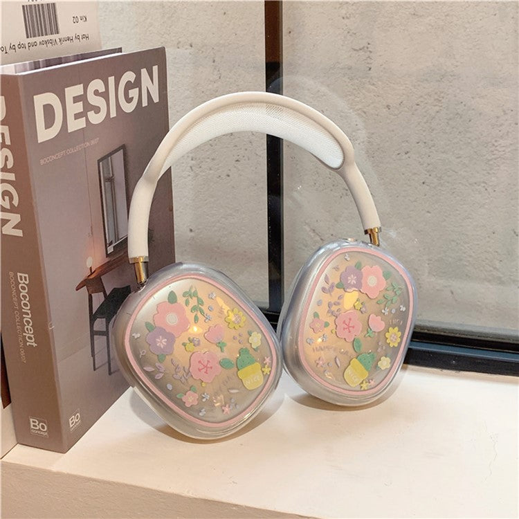 1Pair Protective Case for AirPods Max 2024 (USB-C) / Max Headphone Drop-Resistance TPU Sleeve - Pink / Purple Flower