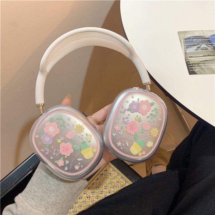 1Pair Protective Case for AirPods Max 2024 (USB-C) / Max Headphone Drop-Resistance TPU Sleeve - Pink / Purple Flower