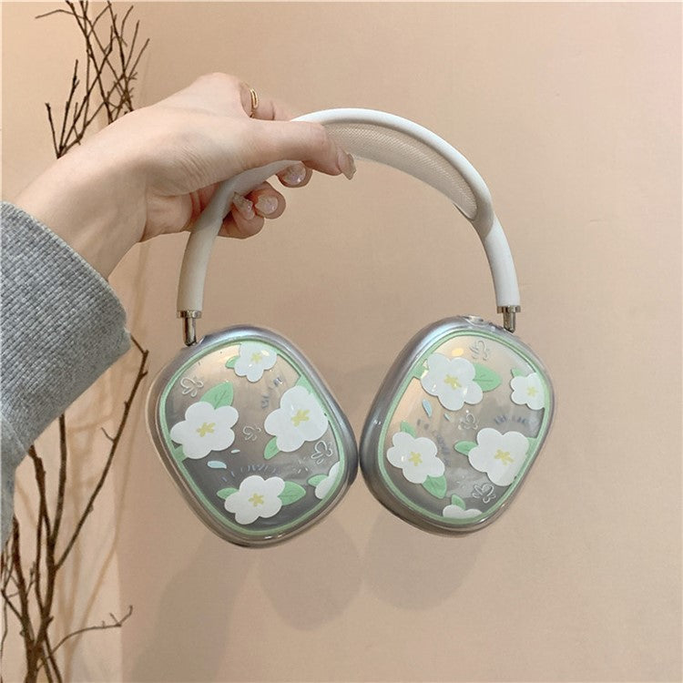 1Pair Protective Case for AirPods Max 2024 (USB-C) / Max Headphone Drop-Resistance TPU Sleeve - Green Leaf and Flower