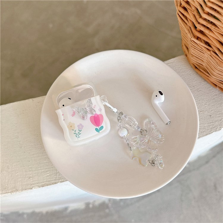 For Apple AirPods with Wireless Charging Case (2019) / AirPods with Charging Case (2019) / (2016) Butterfly and Flower TPU Case with Pendant