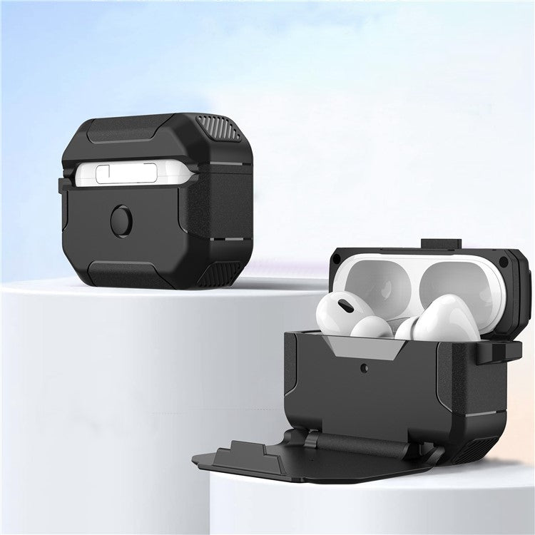 For AirPods Pro 2 Case PC+TPU Flip Stand Bluetooth Earphone Anti-Drop Cover with Carabiner - Black