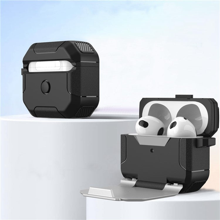 For Apple AirPods 3 Case Flip Stand PC+TPU Earphone Protective Cover with Carabiner - Black