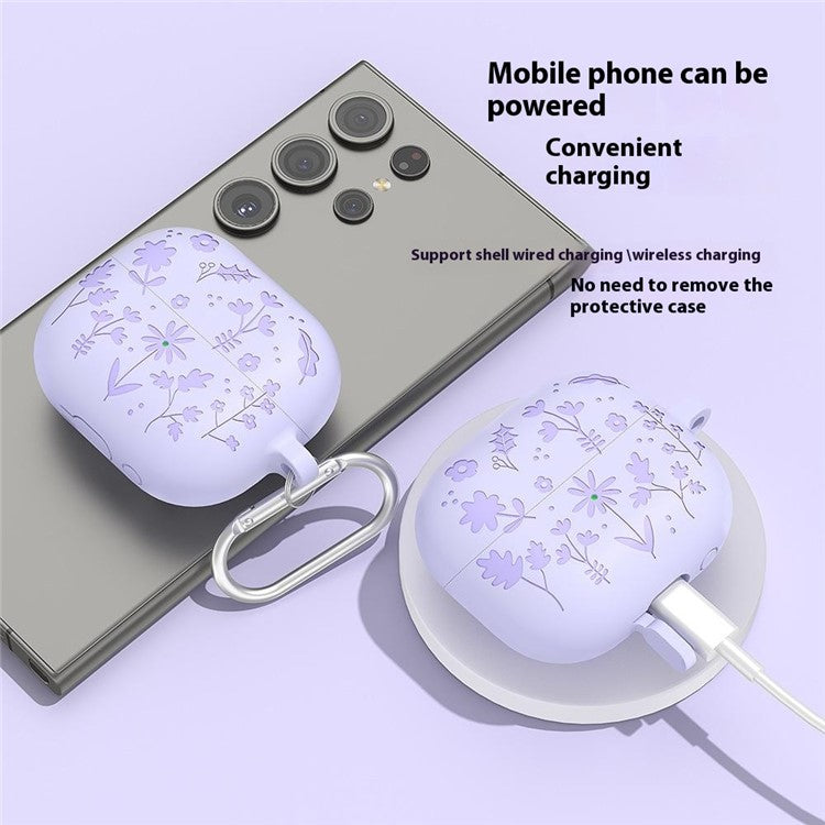 For Samsung Galaxy Buds3 Pro / Buds3 Bluetooth Earphones Flower Pattern Liquid Silicone Case with Hanging Buckle - Light Purple