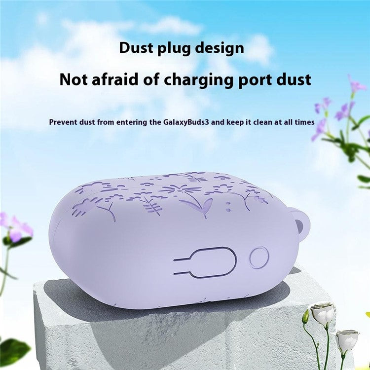 For Samsung Galaxy Buds3 Pro / Buds3 Bluetooth Earphones Flower Pattern Liquid Silicone Case with Hanging Buckle - Light Purple