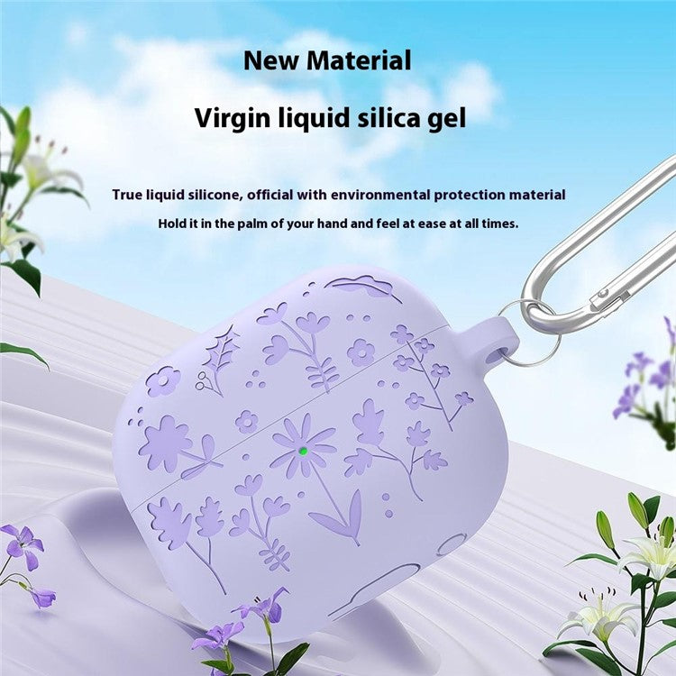 For Samsung Galaxy Buds3 Pro / Buds3 Bluetooth Earphones Flower Pattern Liquid Silicone Case with Hanging Buckle - Light Purple