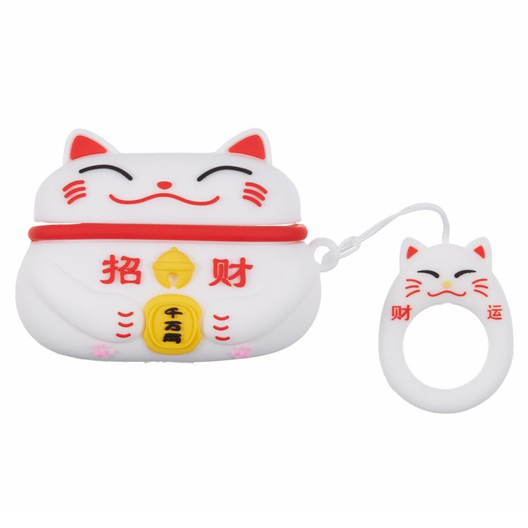 Silicone Cover for Apple AirPods Pro Bluetooth Earphones Lucky Cat Protective Case with Loop Strap - White