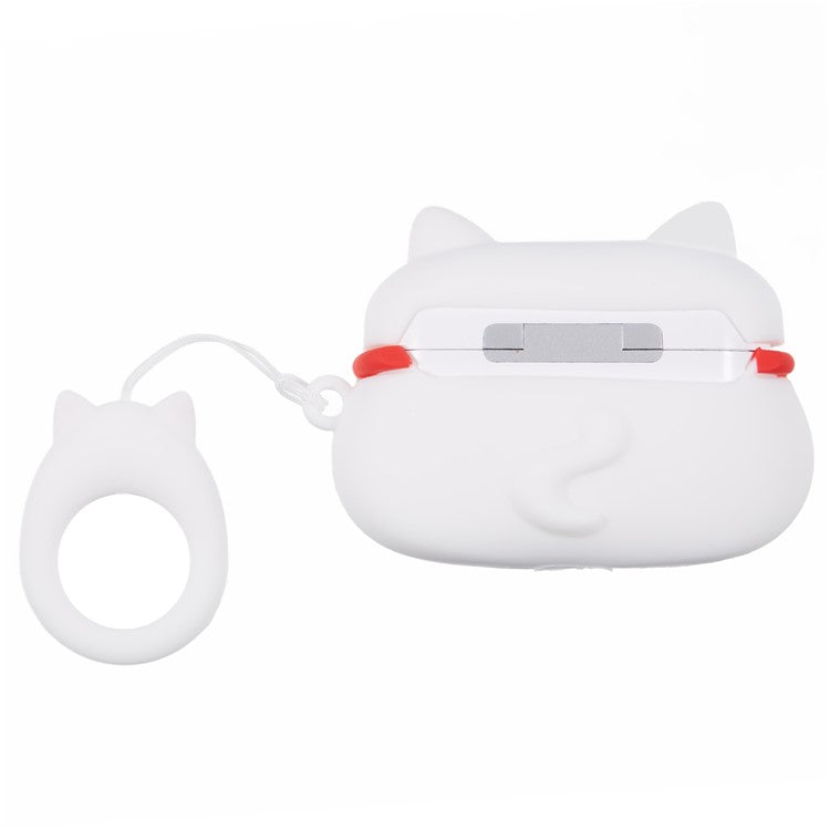 Silicone Cover for Apple AirPods Pro Bluetooth Earphones Lucky Cat Protective Case with Loop Strap - White