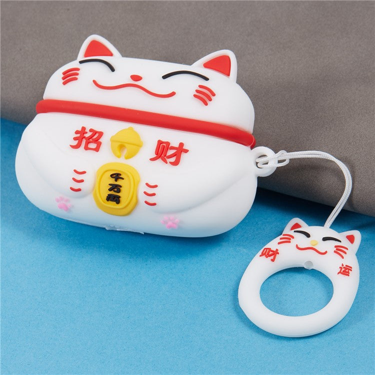 Silicone Cover for Apple AirPods Pro Bluetooth Earphones Lucky Cat Protective Case with Loop Strap - White