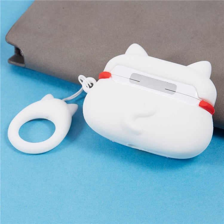 Silicone Cover for Apple AirPods Pro Bluetooth Earphones Lucky Cat Protective Case with Loop Strap - White