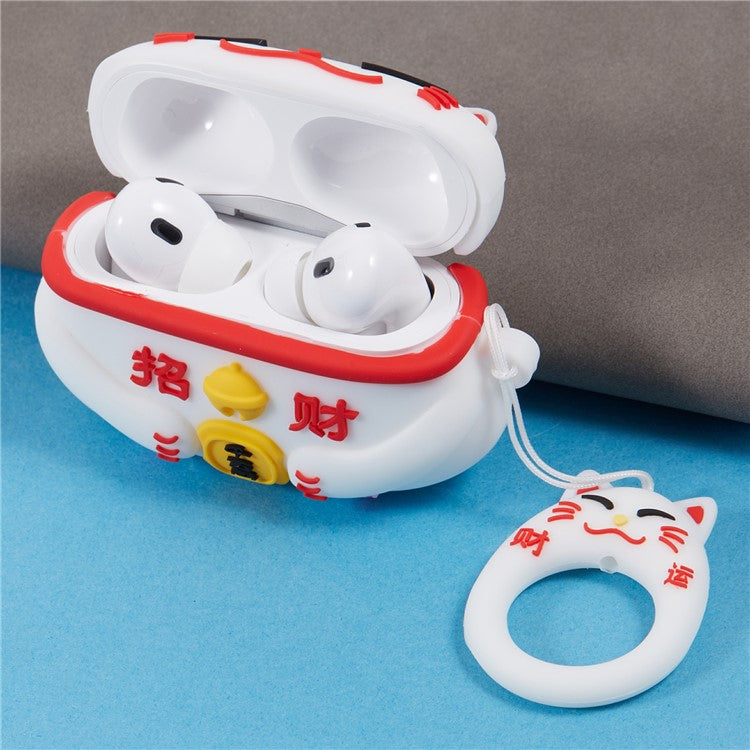 Silicone Cover for Apple AirPods Pro Bluetooth Earphones Lucky Cat Protective Case with Loop Strap - White