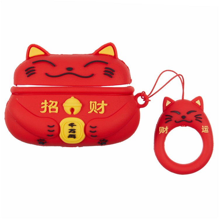 Silicone Cover for Apple AirPods Pro Bluetooth Earphones Lucky Cat Protective Case with Loop Strap - Red