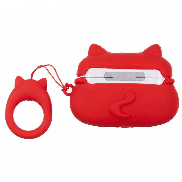 Silicone Cover for Apple AirPods Pro Bluetooth Earphones Lucky Cat Protective Case with Loop Strap - Red