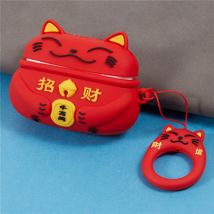 Silicone Cover for Apple AirPods Pro Bluetooth Earphones Lucky Cat Protective Case with Loop Strap - Red