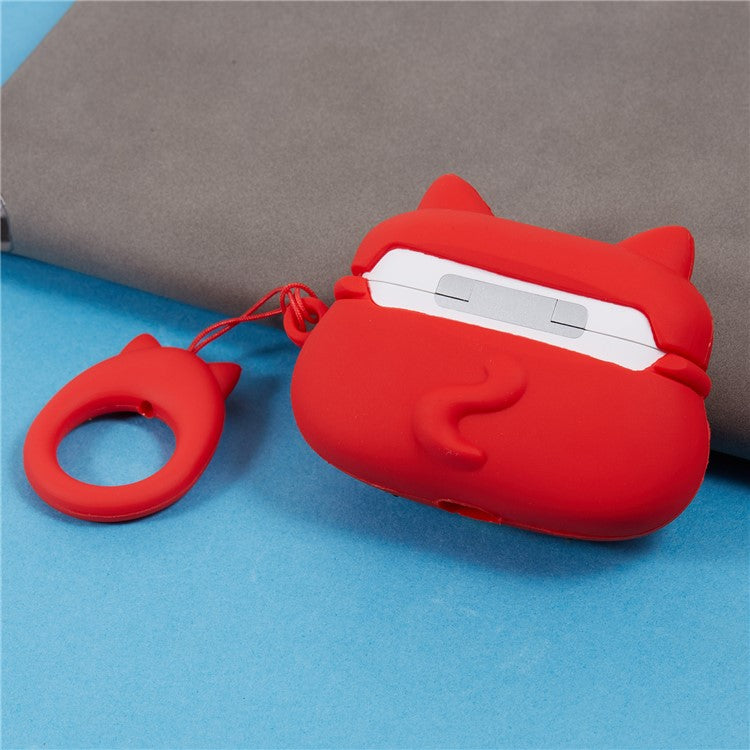 Silicone Cover for Apple AirPods Pro Bluetooth Earphones Lucky Cat Protective Case with Loop Strap - Red