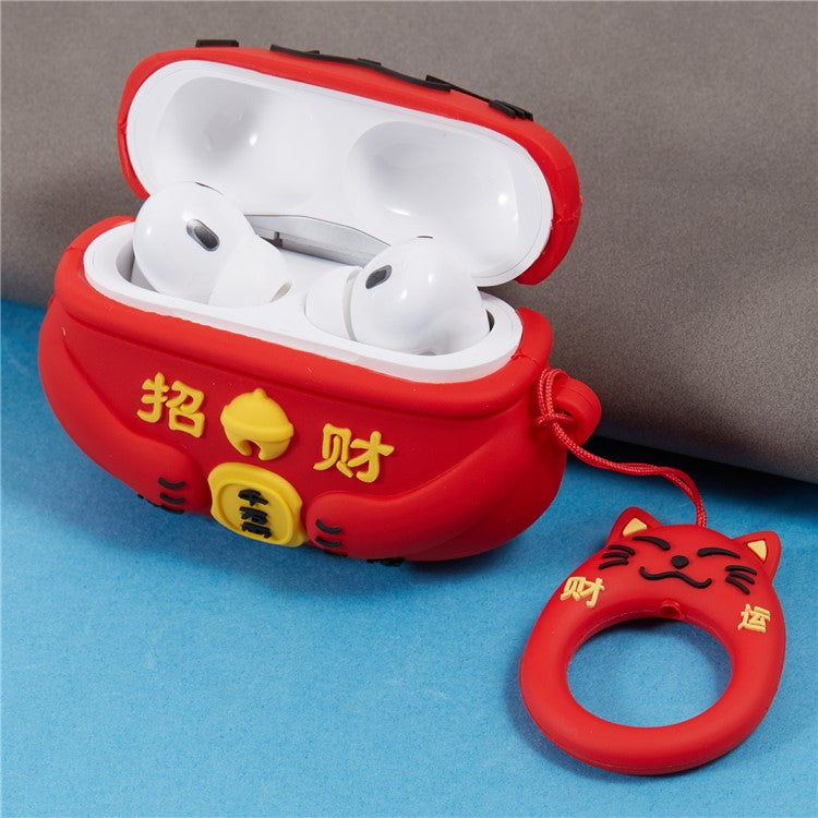 Silicone Cover for Apple AirPods Pro Bluetooth Earphones Lucky Cat Protective Case with Loop Strap - Red