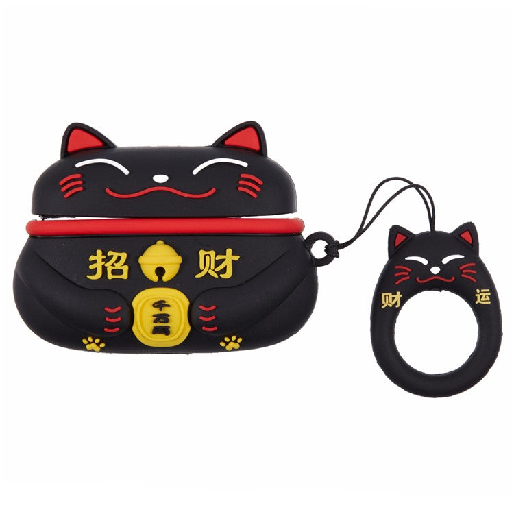 Silicone Cover for Apple AirPods Pro Bluetooth Earphones Lucky Cat Protective Case with Loop Strap - Black