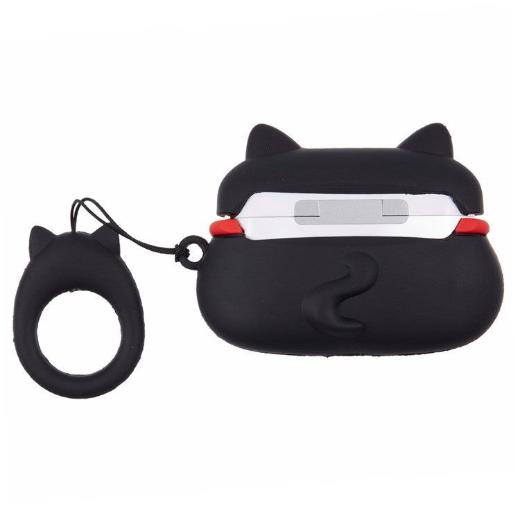 Silicone Cover for Apple AirPods Pro Bluetooth Earphones Lucky Cat Protective Case with Loop Strap - Black