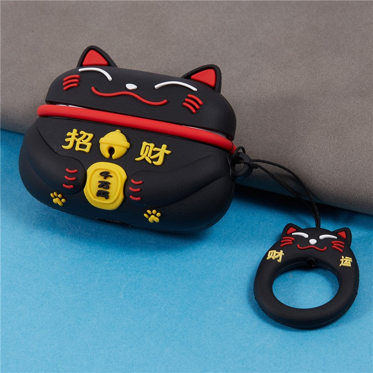 Silicone Cover for Apple AirPods Pro Bluetooth Earphones Lucky Cat Protective Case with Loop Strap - Black