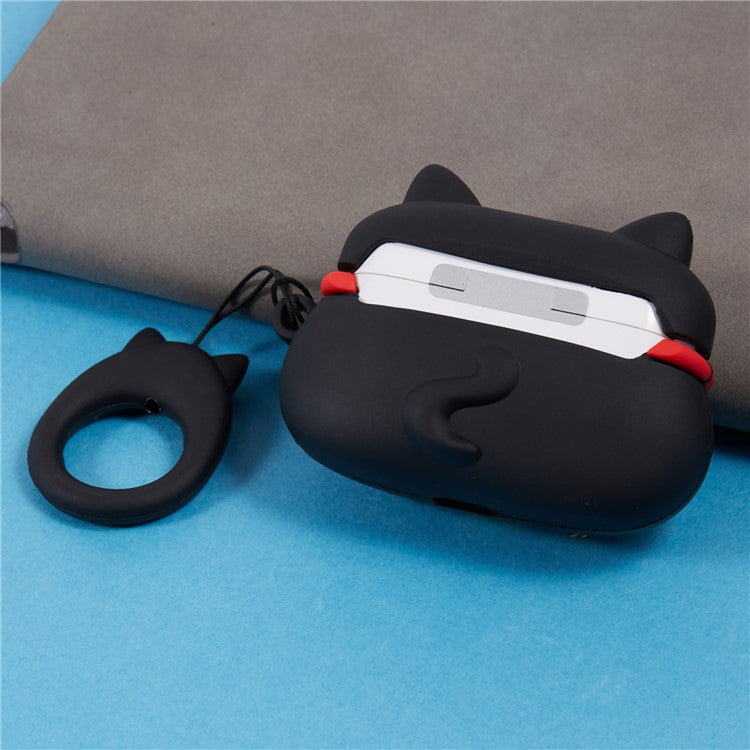 Silicone Cover for Apple AirPods Pro Bluetooth Earphones Lucky Cat Protective Case with Loop Strap - Black