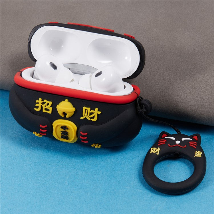 Silicone Cover for Apple AirPods Pro Bluetooth Earphones Lucky Cat Protective Case with Loop Strap - Black