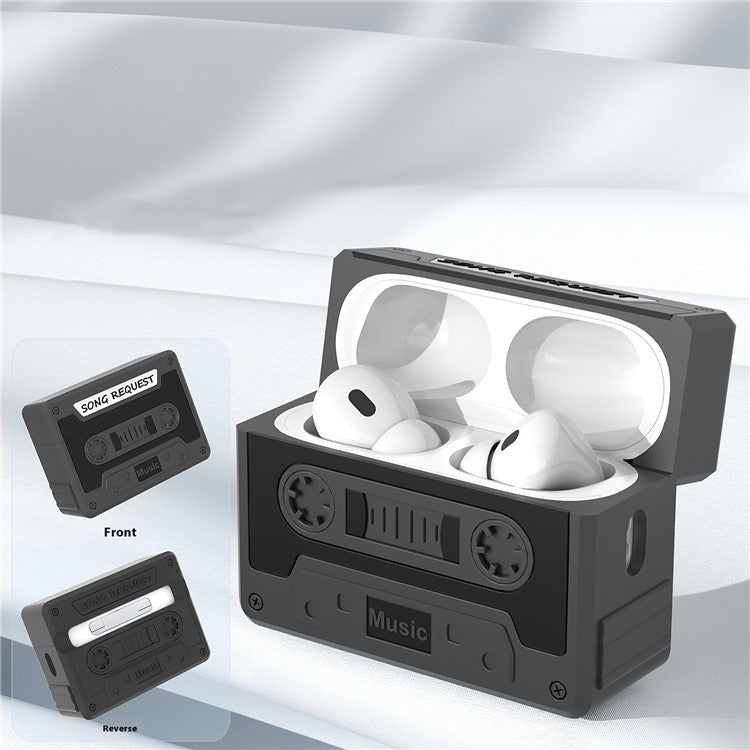 For Apple AirPods 3 Case Cassette Tape Design Portable Liquid Silicone Earbuds Cover with Strap - Black