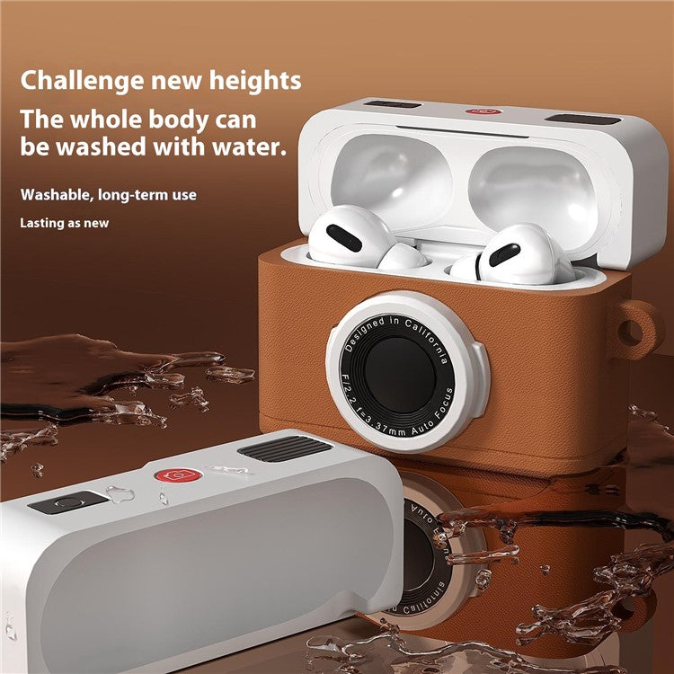 For Apple AirPods 3 Case Retro Camera Design Liquid Silicone Earbuds Carrying Cover with Carabiner - Brown