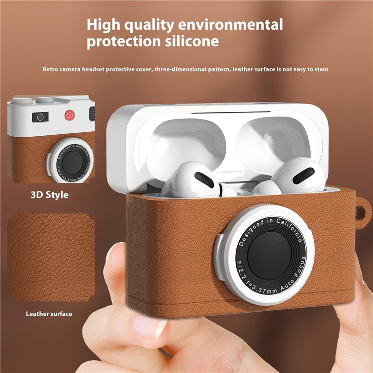 For Apple AirPods 3 Case Retro Camera Design Liquid Silicone Earbuds Carrying Cover with Carabiner - Brown