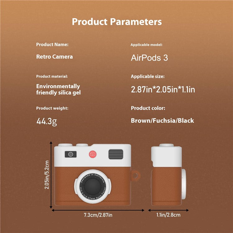 For Apple AirPods 3 Case Retro Camera Design Liquid Silicone Earbuds Carrying Cover with Carabiner - Brown