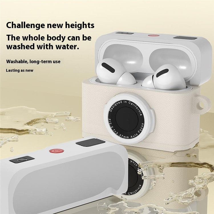 For Apple AirPods 3 Case Retro Camera Design Liquid Silicone Earbuds Carrying Cover with Carabiner - Cream Beige