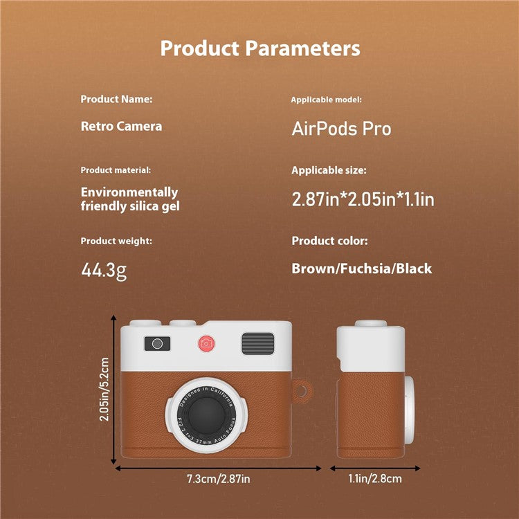 For Apple AirPods Pro 2 / AirPods Pro Case Retro Camera Design Liquid Silicone Earbuds Carrying Cover with Carabiner - Brown