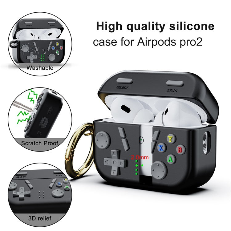 For AirPods Pro 2 Case 3D Gaming Design Silicone Earbuds Cover with Carabiner - Black