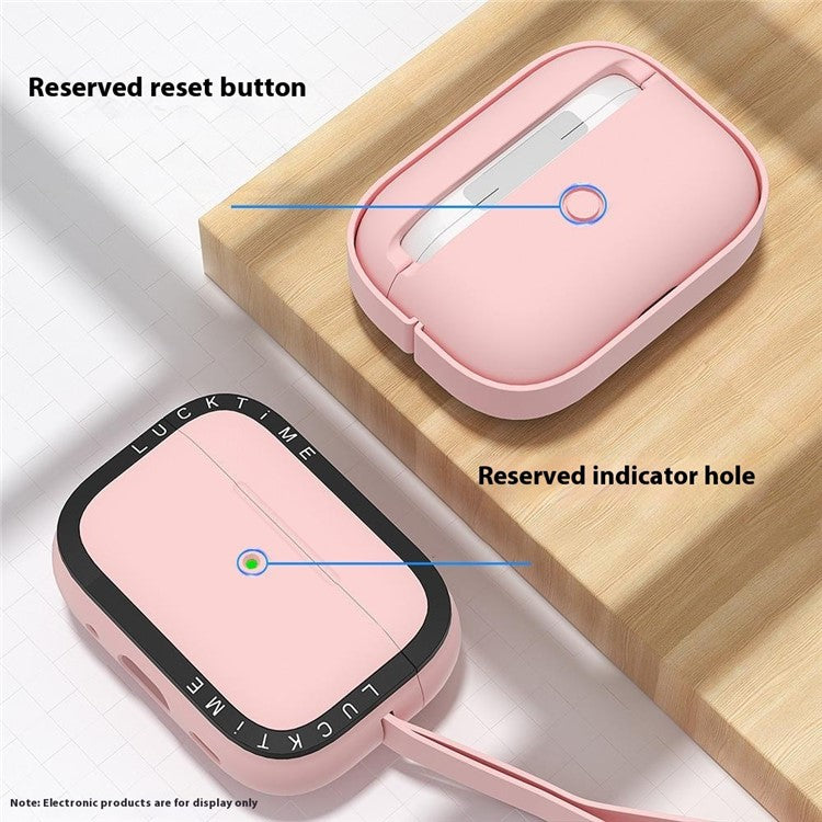 For AirPods Pro 2 Silicone Case Earbuds Shockproof Protective Cover with Anti-Loss Strap - Pink