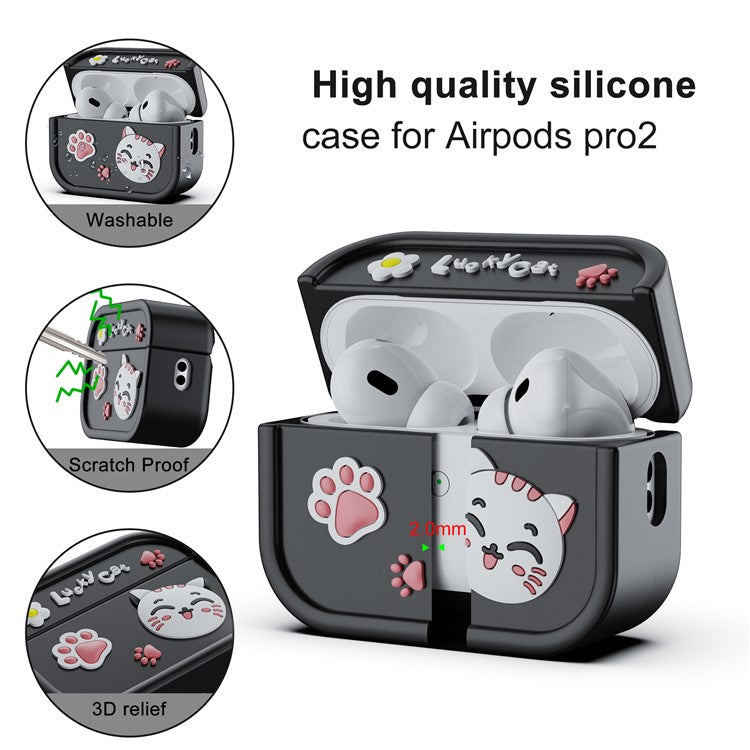 For AirPods Pro 2 Case 3D Cartoon Animals Funny Silicone Earbuds Cover with Carabiner - Black