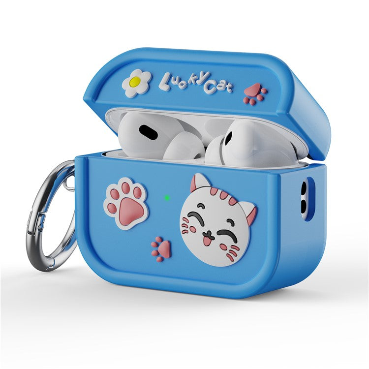 For AirPods Pro 2 Case 3D Cartoon Animals Funny Silicone Earbuds Cover with Carabiner - Blue