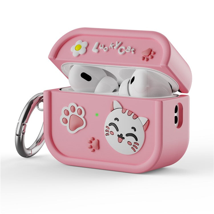 For AirPods Pro 2 Case 3D Cartoon Animals Funny Silicone Earbuds Cover with Carabiner - Pink