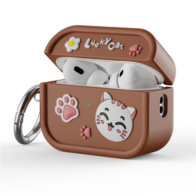 For AirPods Pro 2 Case 3D Cartoon Animals Funny Silicone Earbuds Cover with Carabiner - Brown