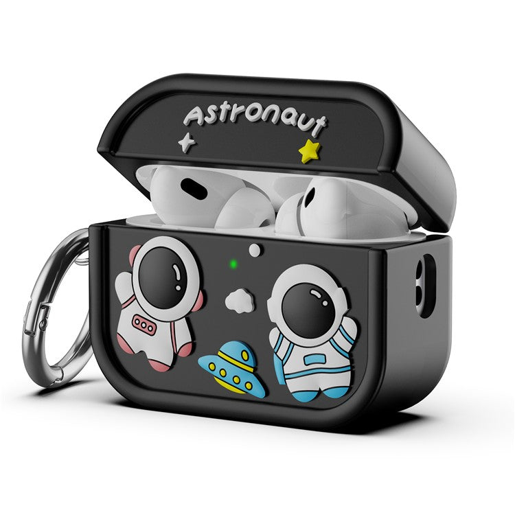 For AirPods Pro 2 Case Cute Astronaut Design Silicone Earphone Cover with Carabiner - Black